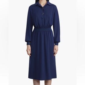 NWT Lafayette 148 NY Gathered Waist Long Sleeve Shirtdress MIDNIGHT BLUE XL